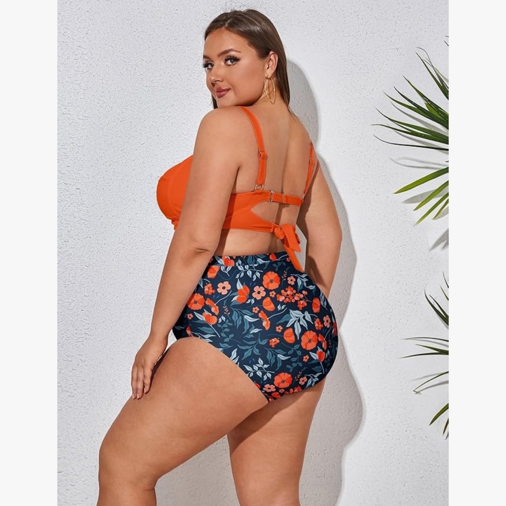 Hanna Nikole Plus Size Swimsuit Set Twist Front Bikini Drawstring Ruched Bottom - Picture 2 of 14